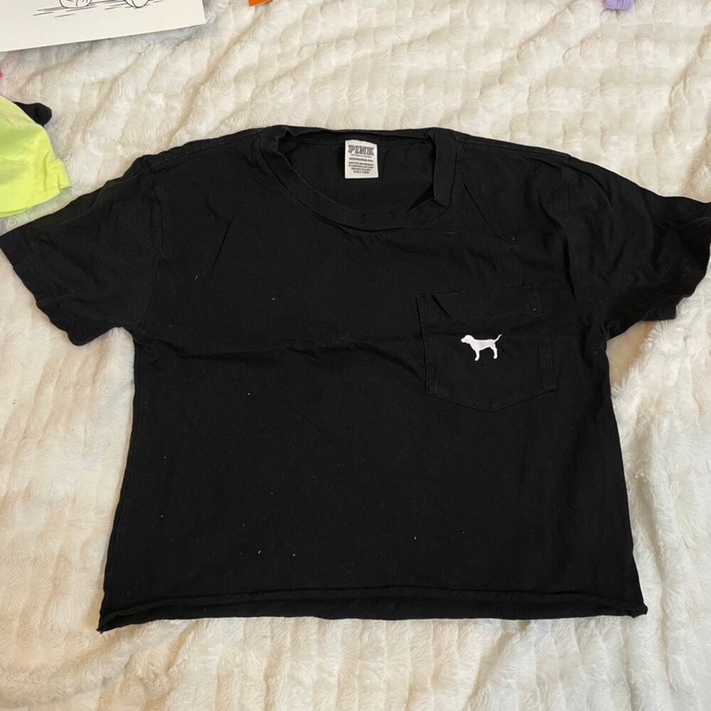 VICTORIAS SECRET PINK Black Cropped Dog Pocket Tee Shirt Extra Small